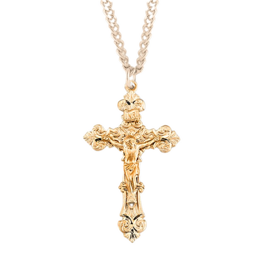 Gold Plated Sterling Silver Filigree Scroll Relief Design Crucifix, Catholic Gift, Made in USA