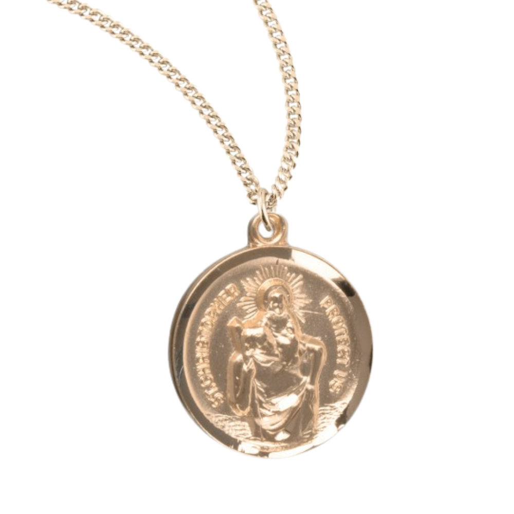 Saint Christopher Round Gold Plated Sterling Silver Medal, Catholic Gift, Made in USA
