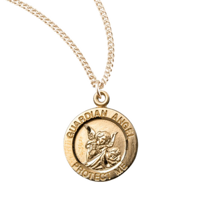 Guardian Angel Med Round Gold Plated Sterling Silver Medal, Catholic Gift, Made in USA
