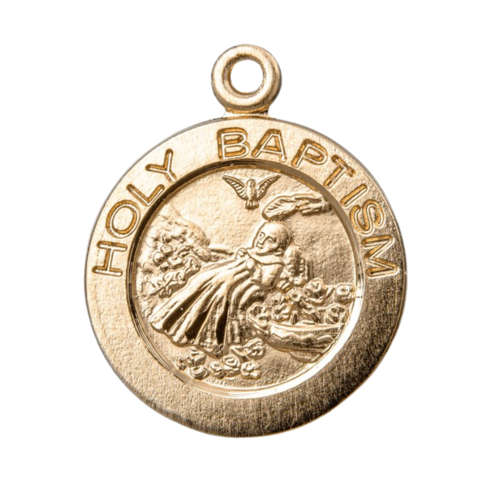 Holy Baptism Round Gold Over Sterling Silver Medal Pendant — 18" Chain, Gift Box
