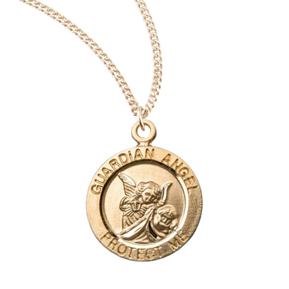 Guardian Angel Small Round Gold Plated Sterling Silver Pendant, Catholic Gift, Made in USA