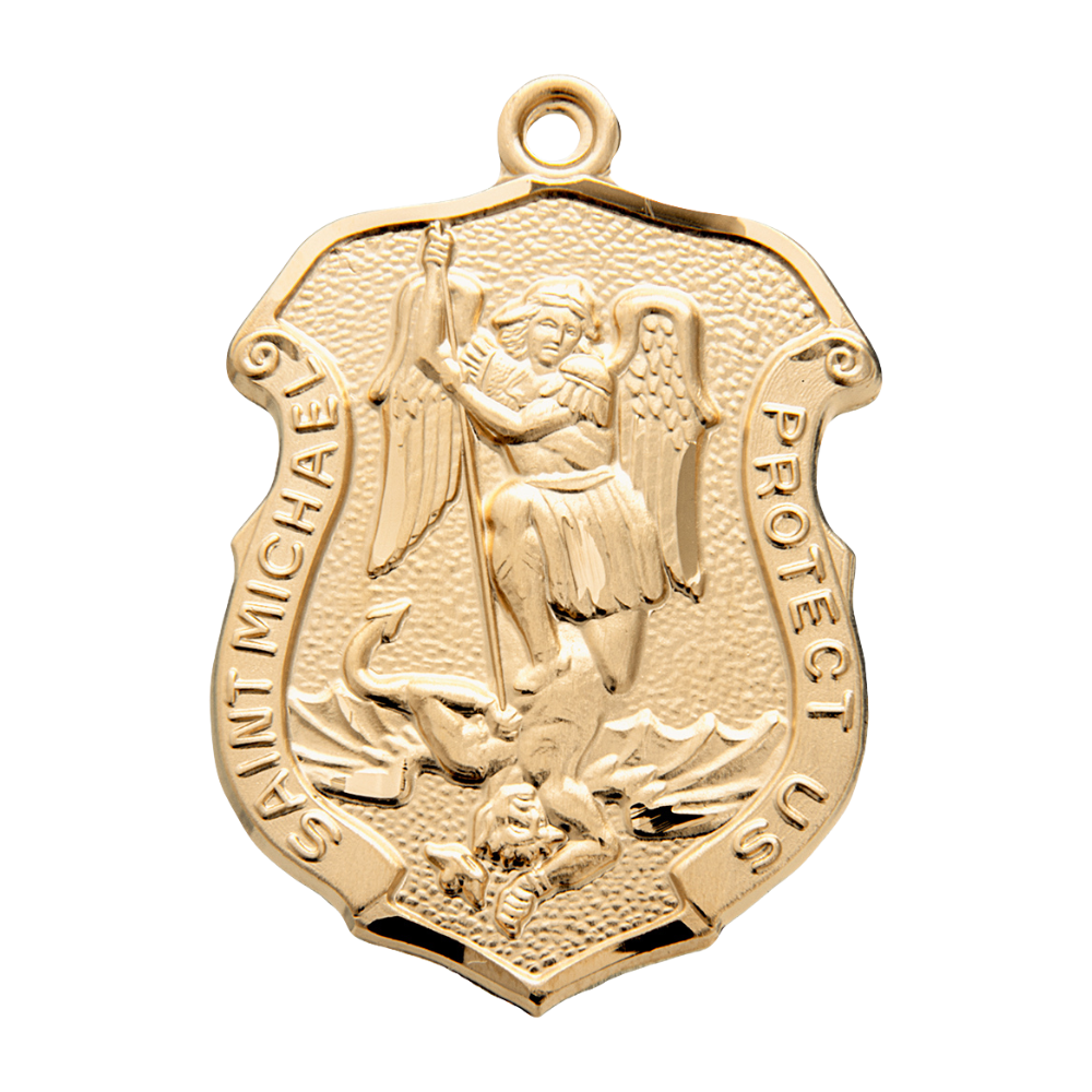 Saint Michael Badge Medal 16kt Gold Over Sterling Silver Necklace - 24" Chain