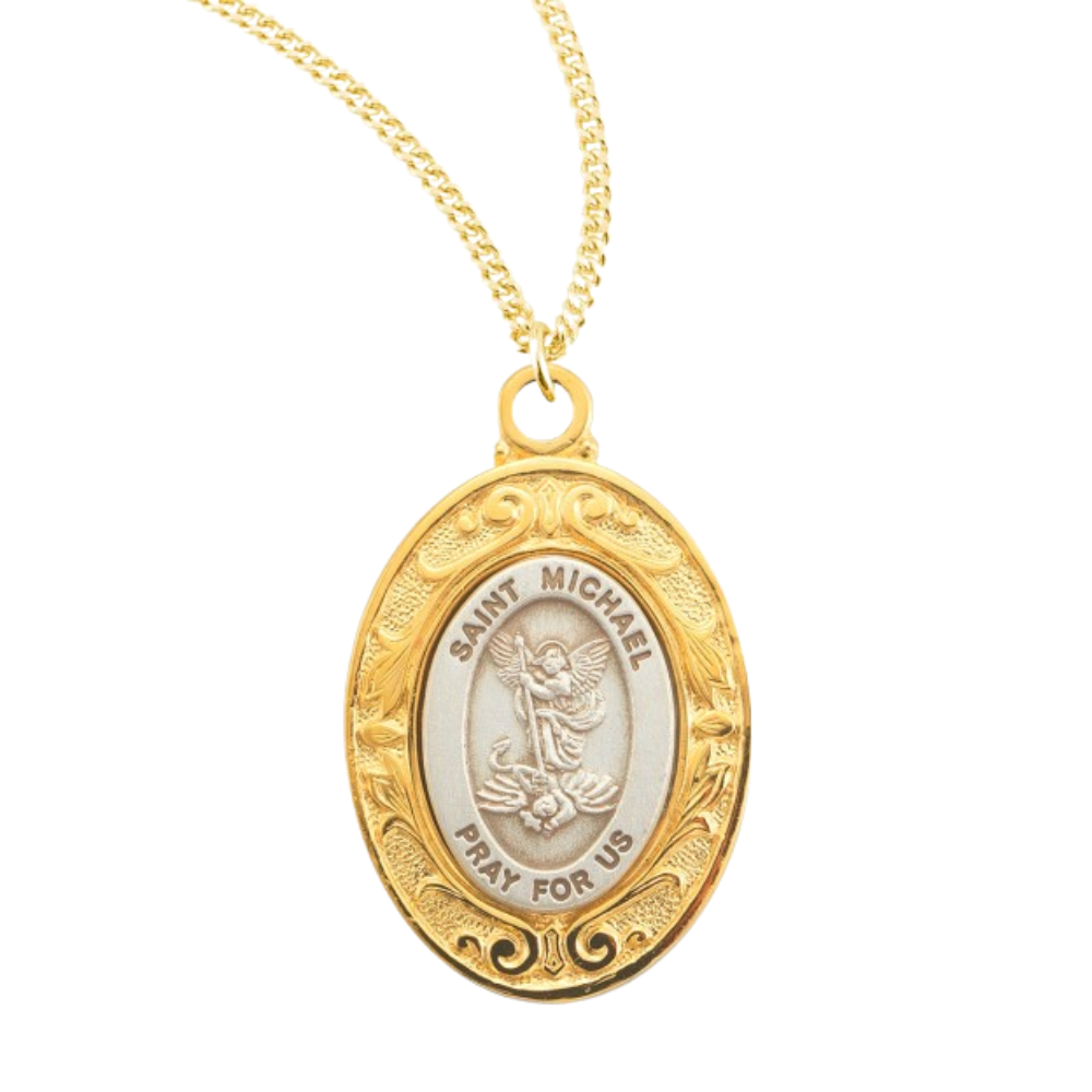 Saint Michael Gold Oval Sterling Silver Medal, Catholic Gift, Made in USA