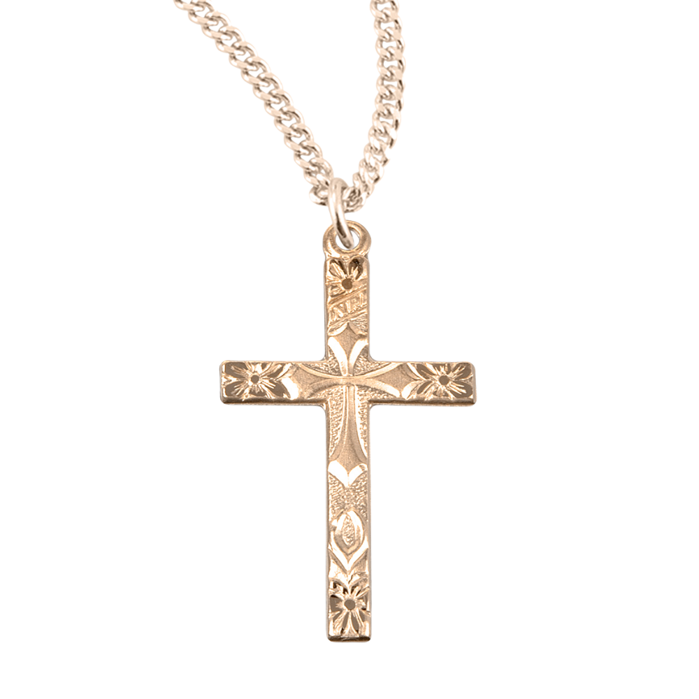 Gold Plated Sterling Silver Flower Tipped Cross, Catholic Gift, Made in USA
