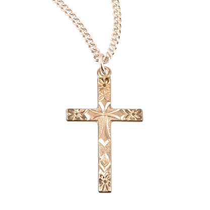 Gold Plated Sterling Silver Flower Tipped Cross, Catholic Gift, Made in USA