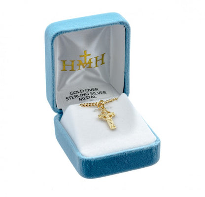 Irish Celtic Cross 16kt Gold Over Sterling Silver Pendant — 18" Chain, Gift Box