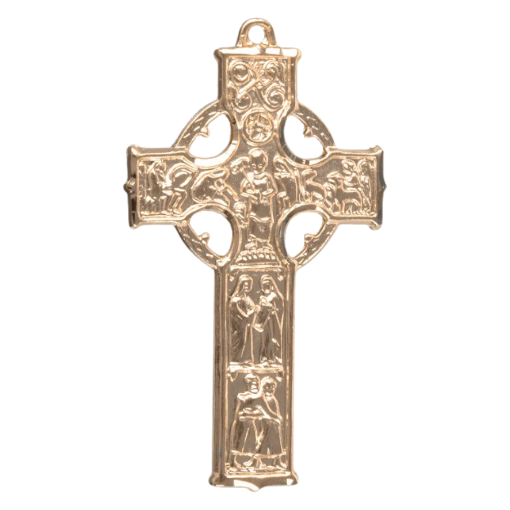 Irish Celtic Cross 16kt Gold over Sterling Silver Pendant — 24 Inch Chain, Gift Box