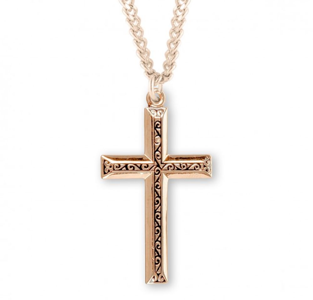 16kt Gold Plated Sterling Silver engraved vine pattern high polished 1" cross , Catholic Gift, Made in USA