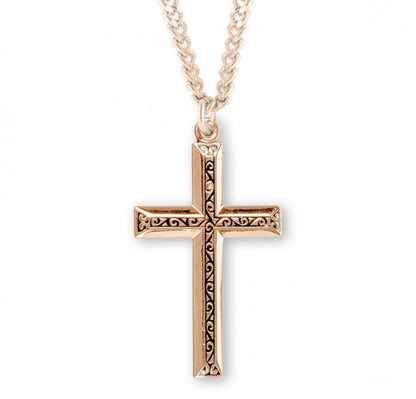 16kt Gold Plated Sterling Silver engraved vine pattern high polished 1" cross , Catholic Gift, Made in USA