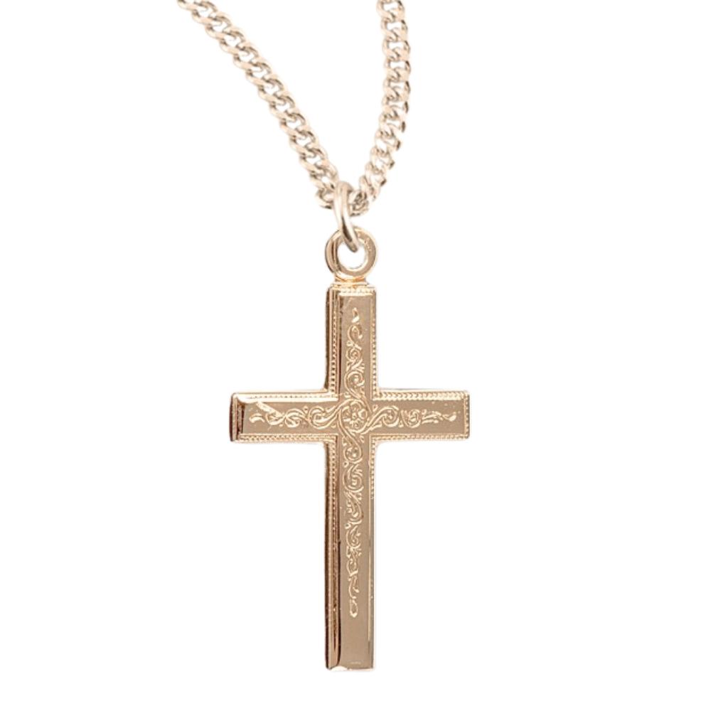 Gold Plated Sterling Silver Vine Pattern Cross, Catholic Gift, Made in USA