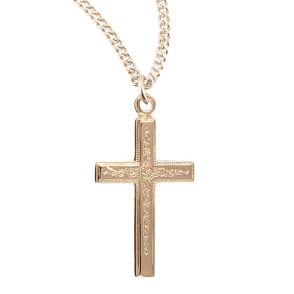 Gold Plated Sterling Silver Vine Pattern Cross, Catholic Gift, Made in USA