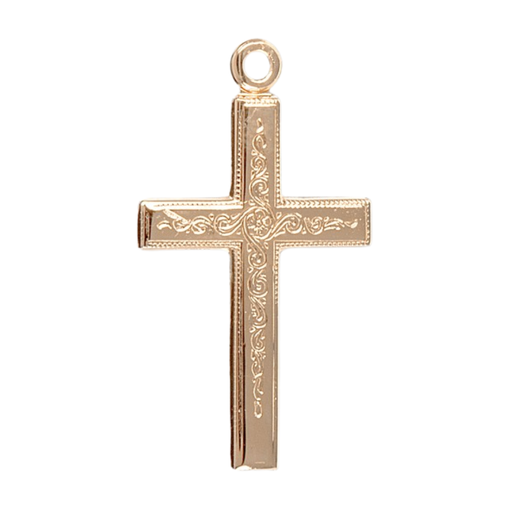 Vine Pattern Cross 16kt Gold Over Sterling Silver Necklace — 18" Chain, Gift Box