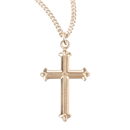 Fleur De Lis Tipped Gold Plated Sterling Silver Cross, Catholic Gift, Made in USA