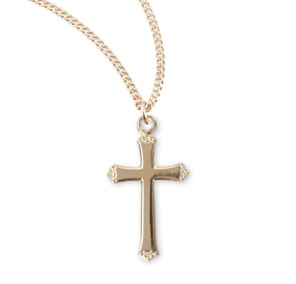 Gold Plated Sterling Silver High Polished 1" Cross with Flower Tips on , Catholic Gift, Made in USA