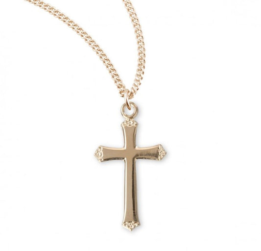 Gold Plated Sterling Silver High Polished 1" Cross with Flower Tips on , Catholic Gift, Made in USA