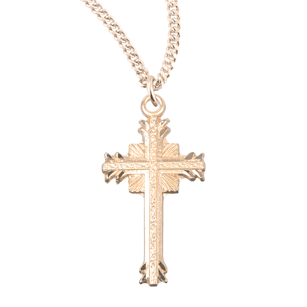 Gold Plated Sterling Silver Flare Tipped Cross with a Scrolled Center, Catholic Gift, Made in USA