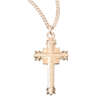 Gold Plated Sterling Silver Flare Tipped Cross with a Scrolled Center, Catholic Gift, Made in USA