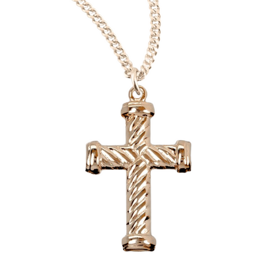 Gold Plated Sterling Silver Twist Design Cross, Catholic Gift, Made in USA