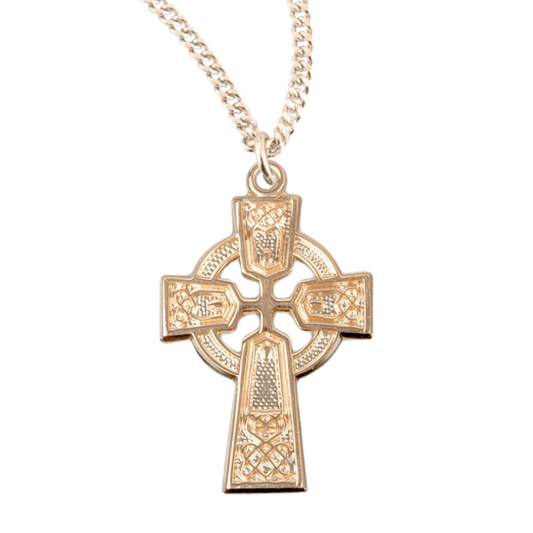 Gold Plated Sterling Silver Irish Celtic Cross Pendant, Catholic Gift, Made in USA