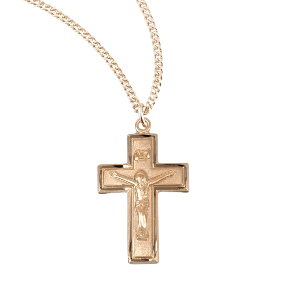 Gold Plated Sterling Silver Wide Crucifix, Catholic Gift, Made in USA