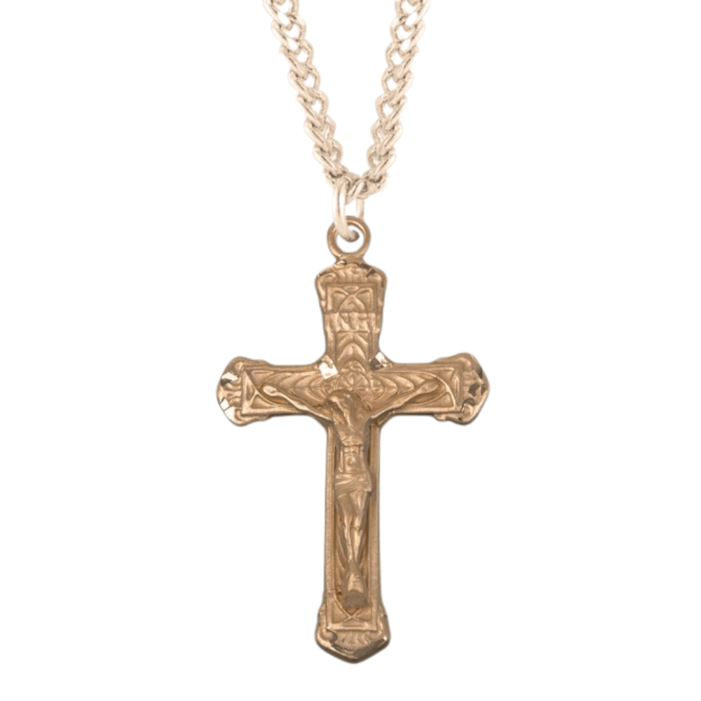 Intricate Lined Gold Plated Sterling Silver Crucifix, Catholic Gift, Made in USA