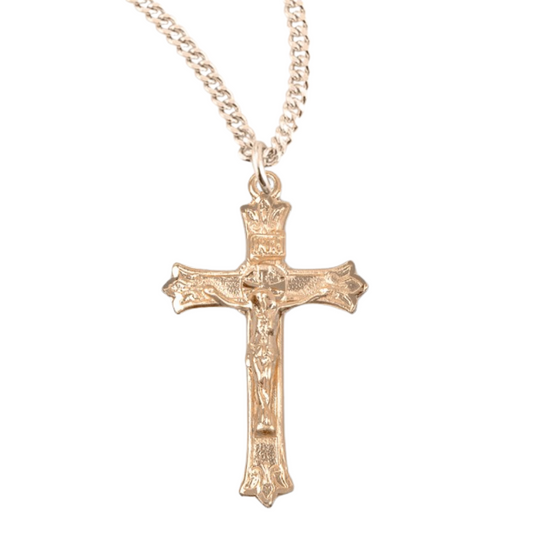 Triple Flare Tip Gold Plated Sterling Silver Crucifix, Catholic Gift, Made in USA