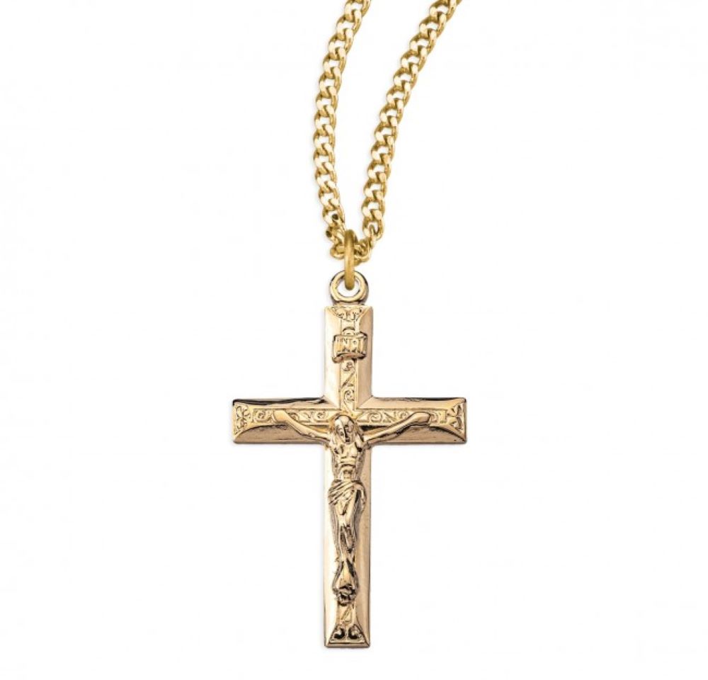 16kt Gold Plated Sterling Cfx w/Raised Design Center , Catholic Gift, Made in USA