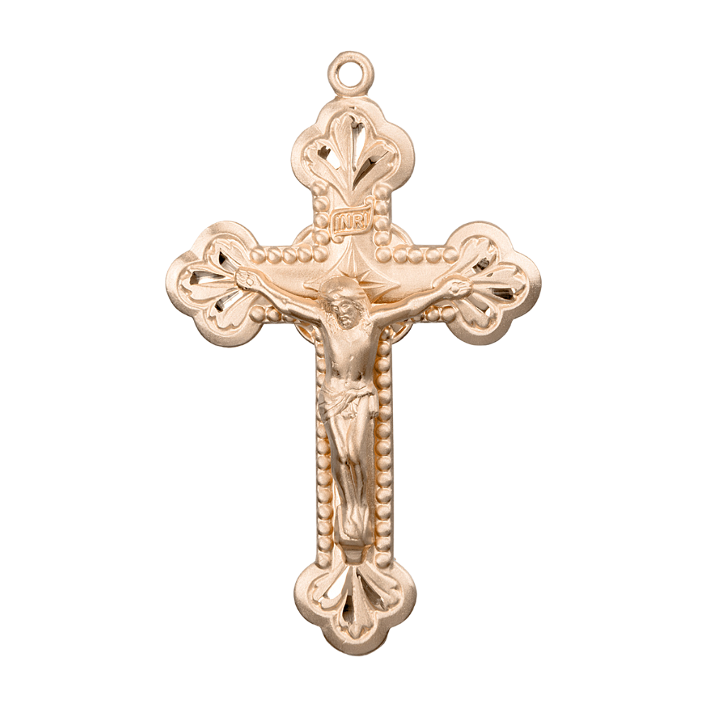 Budded Crucifix Gold Plated Sterling Silver Necklace — 24" Chain, Gift Box