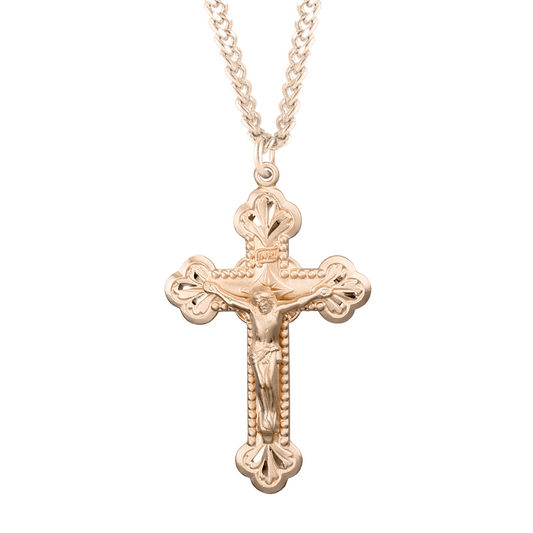Gold Plated Sterling Silver Budded Crucifix, Catholic Gift, Made in USA