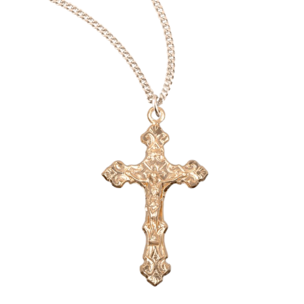 Gold Plated Sterling Silver Fancy Filigree Crucifix, Catholic Gift, Made in USA