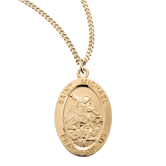 Patron Saint Michael Gold Plated Sterling Silver Oval Medal, Catholic Gift, Made in USA