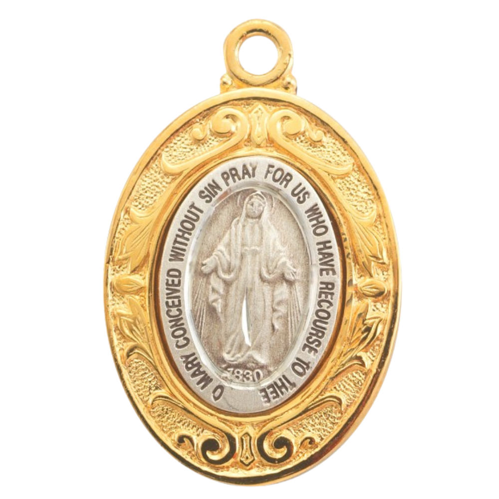 Miraculous Medal Sterling Silver Gold Border Pendant — 18" Chain, Made in USA