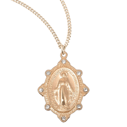 Gold Plated Sterling Silver Miraculous Medal Set with Clear Crystals, Catholic Gift, Made in USA