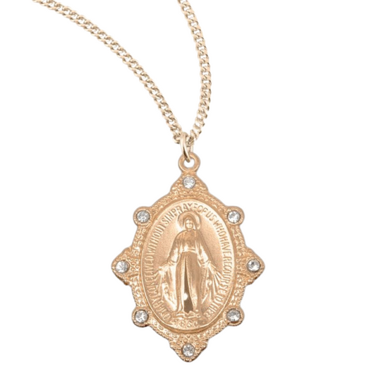 Gold Plated Sterling Silver Miraculous Medal Set with Clear Crystals, Catholic Gift, Made in USA