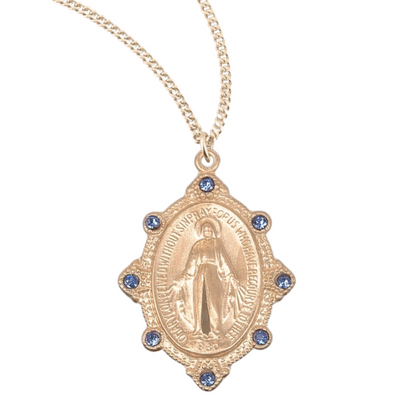 Gold Plated Sterling Silver Miraculous Medal Set with Light Sapphire Crystals, Catholic Gift, Made in USA