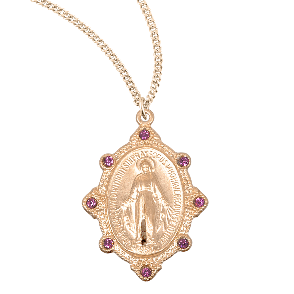 Gold Plated Sterling Silver Miraculous Medal Set with Pink Crystals, Catholic Gift, Made in USA