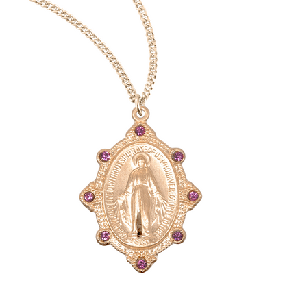 Gold Plated Sterling Silver Miraculous Medal Set with Pink Crystals, Catholic Gift, Made in USA