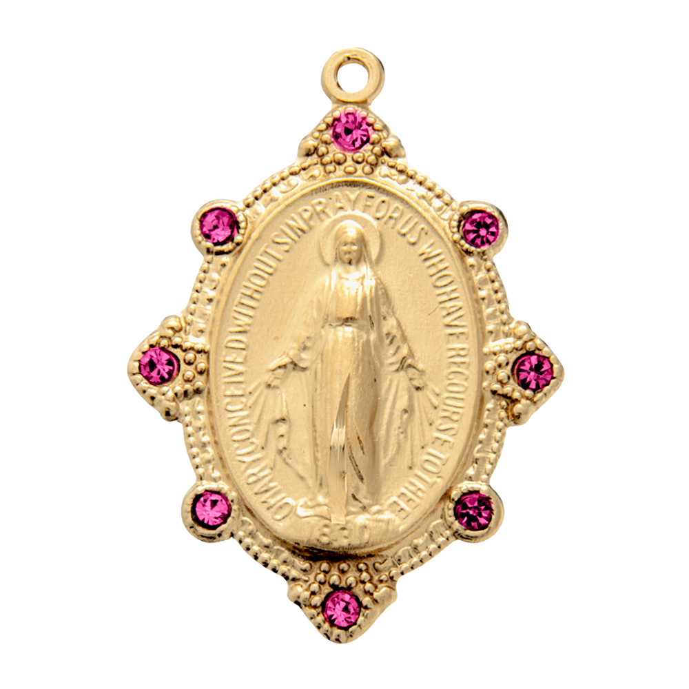 Miraculous Medal Pink Crystal Gold Over Sterling Silver Necklace — 18" Chain