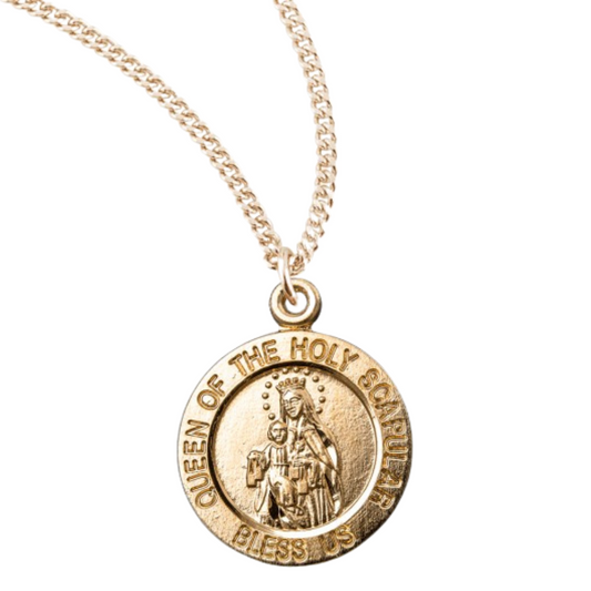 Holy Scapular Round Double Sided Gold Plated Sterling Silver Medal, Catholic Gift, Made in USA
