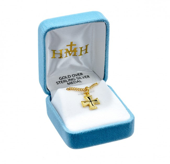 Beaded Cross 16kt Gold Over Sterling Silver Pendant — 18" Chain, Gift Box