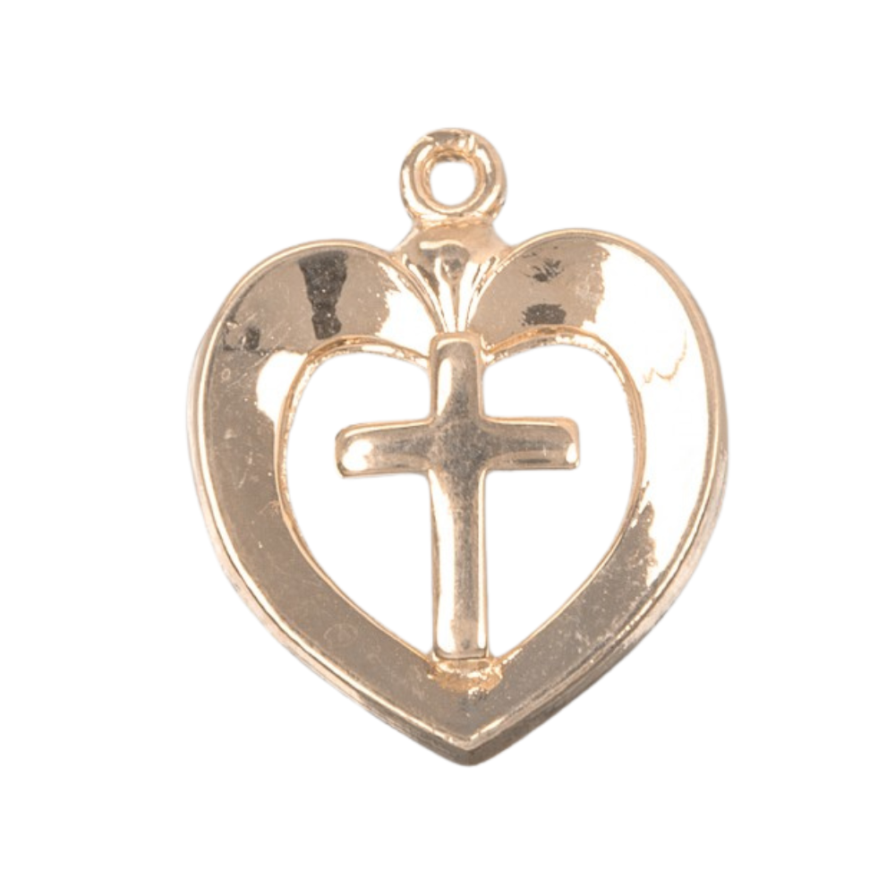 Heart with Cross 16kt Gold over Sterling Silver Pendant — 18" Chain, Made in USA