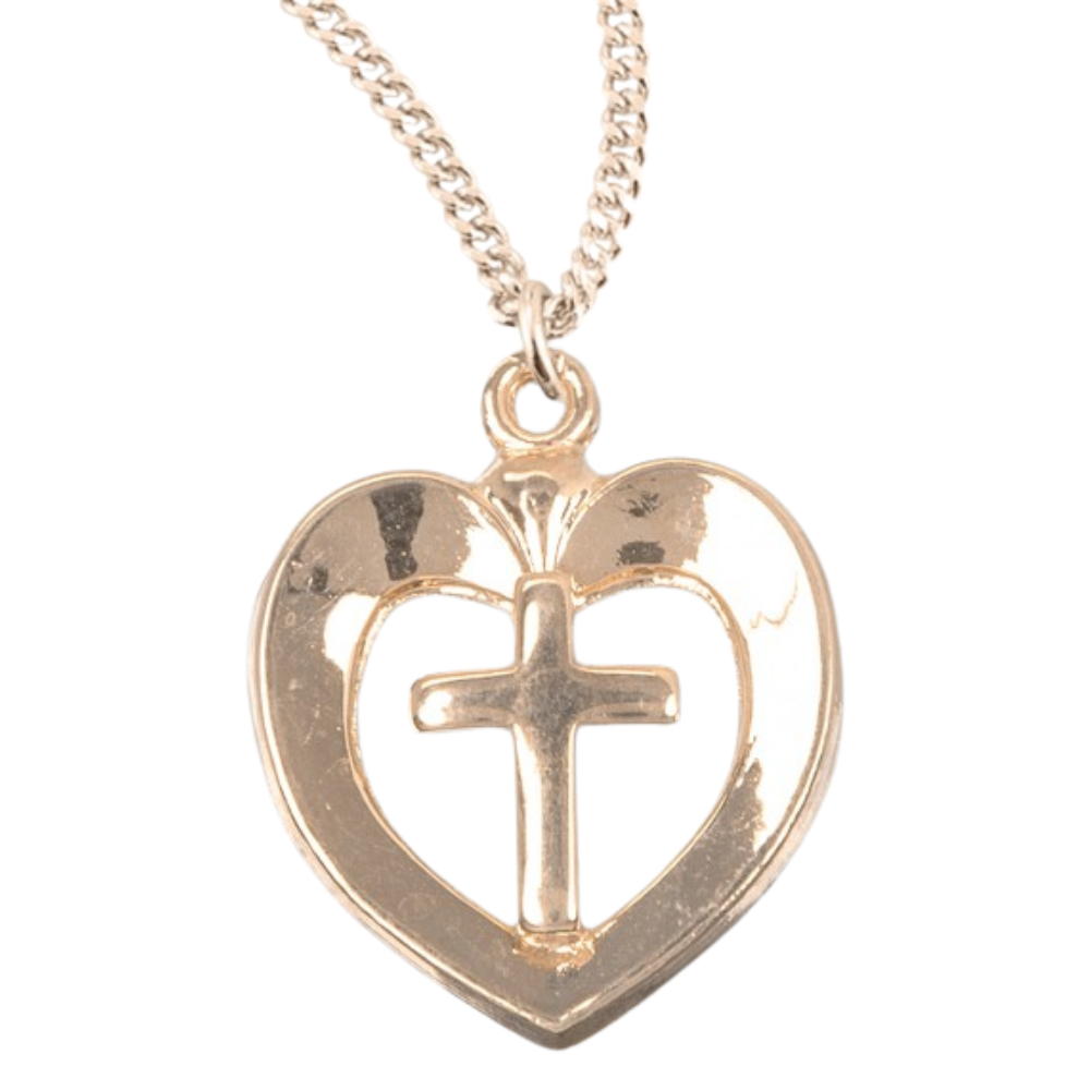 Gold Plated Sterling Silver Heart with Cross, Catholic Gift, Made in USA