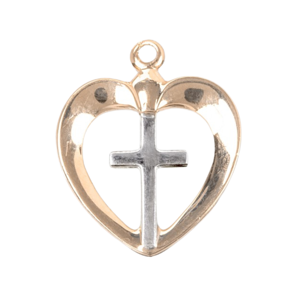 Heart with Cross Two-tone 16kt Gold Over Sterling Silver Pendant — 18" Chain