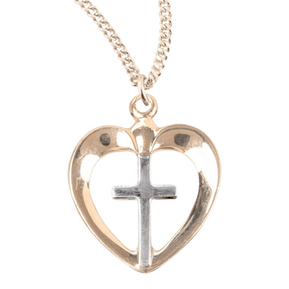 Two-tone Gold Plated Sterling Silver Heart with Cross, Catholic Gift, Made in USA