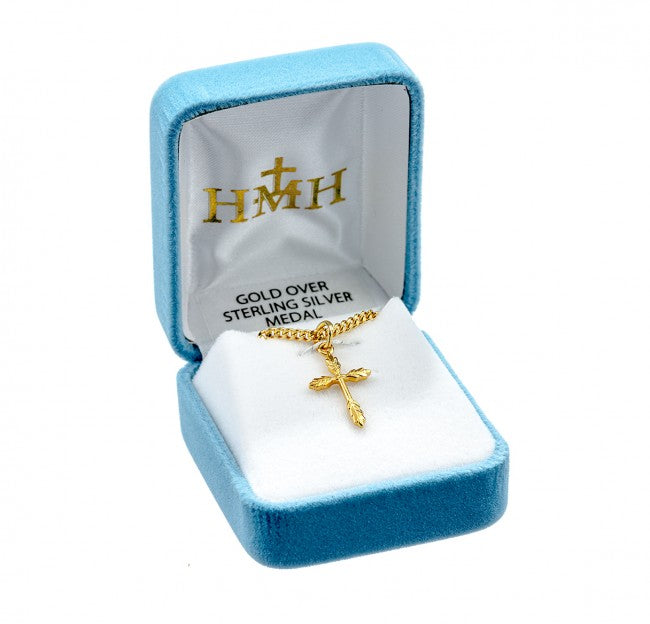 Wheat Cross 16kt Gold Over Sterling Silver Pendant — 18" Chain, Made in USA, Gift Box