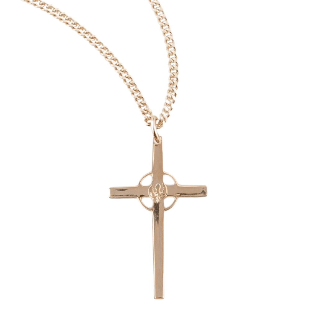 Gold Plated Sterling Silver Holy Spirit Cross High Polished with Pierced Halo, Catholic Gift, Made in USA
