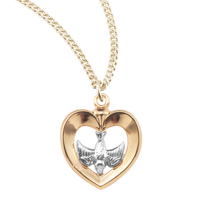 16kt Gold Plated Sterling Tu-Tone Holy Spirit Inlayed Heart , Catholic Gift, Made in USA