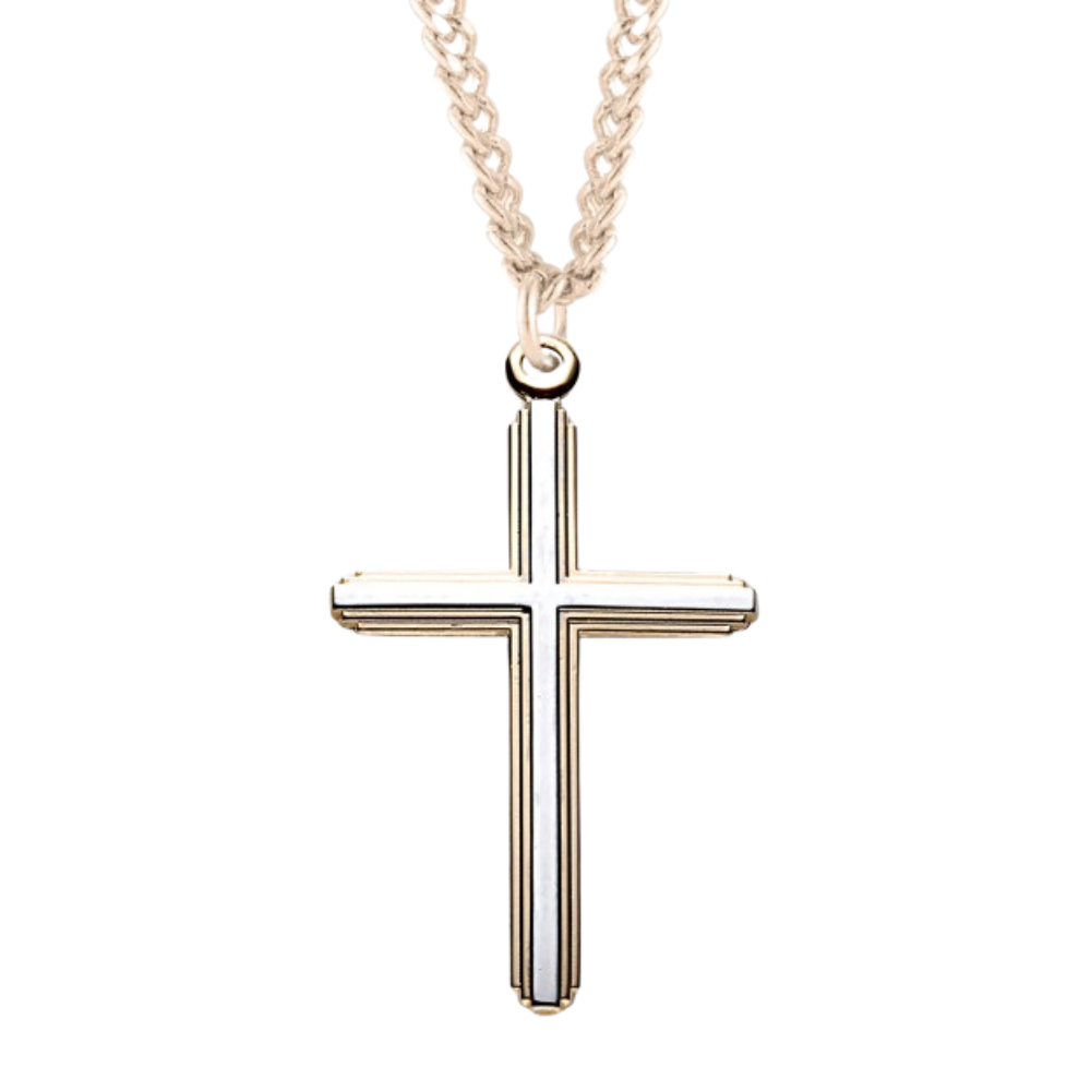 Two-Tone Gold Plated Sterling Silver Inlay Cross, Catholic Gift, Made in USA