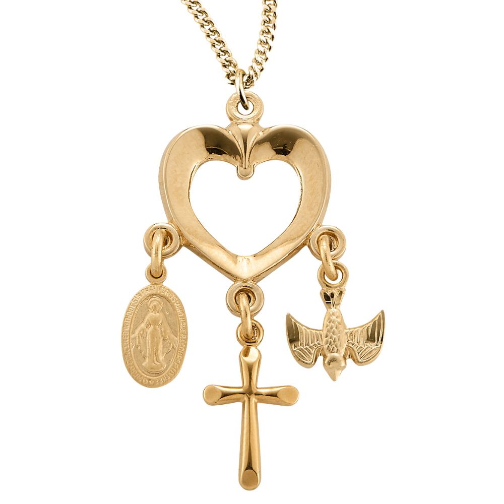 Gold Plated Sterling Silver Heart with Miraculous Medal, Cross & Holy Spirit Charms, Catholic Gift, Made in USA
