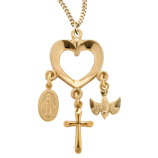 Gold Plated Sterling Silver Heart with Miraculous Medal, Cross & Holy Spirit Charms, Catholic Gift, Made in USA